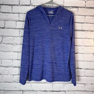Women’s Under Armour Blue Purple Hoodedong Sleeved Shirt Size Large Running EUC